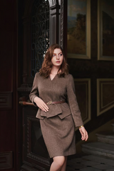 a lady in a brown wool faux two-piece set